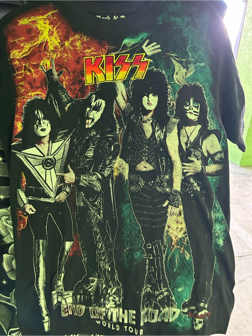 Kiss Black Tee with Red, Yellow and Green Band Graphic